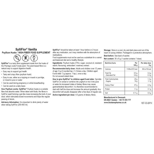 SylliFlor Vanilla Sachets – fiber supplement with a mild and sweet taste of vanilla made from psyllium husks by Biodane Pharma