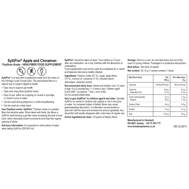 SylliFlor Apple/Cinnamon Sachets – fiber supplement with a warm and natural taste of apple and cinnamon made from psyllium husks by Biodane Pharma