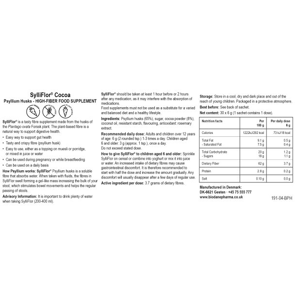 SylliFlor Cocoa Sachets – fiber supplement with a rich and full-bodied taste of cocoa made from psyllium husks by Biodane Pharma